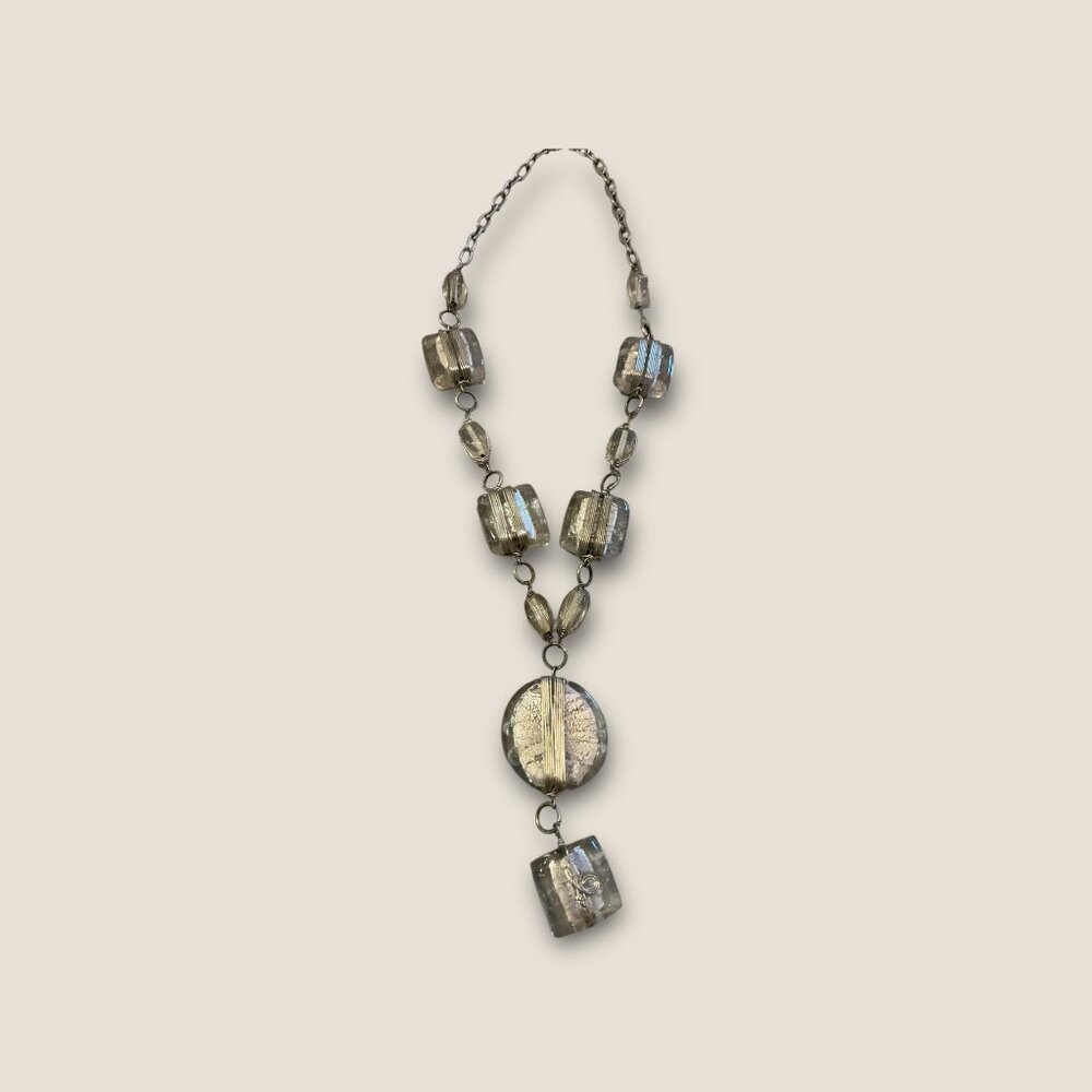 Wire Wrapped Clear Glass Beaded Necklace With Chain & Pendant Design Vintage Sty